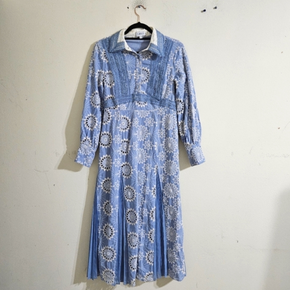 Light Blue Long Sleeve Lace-Inset Midi Dress